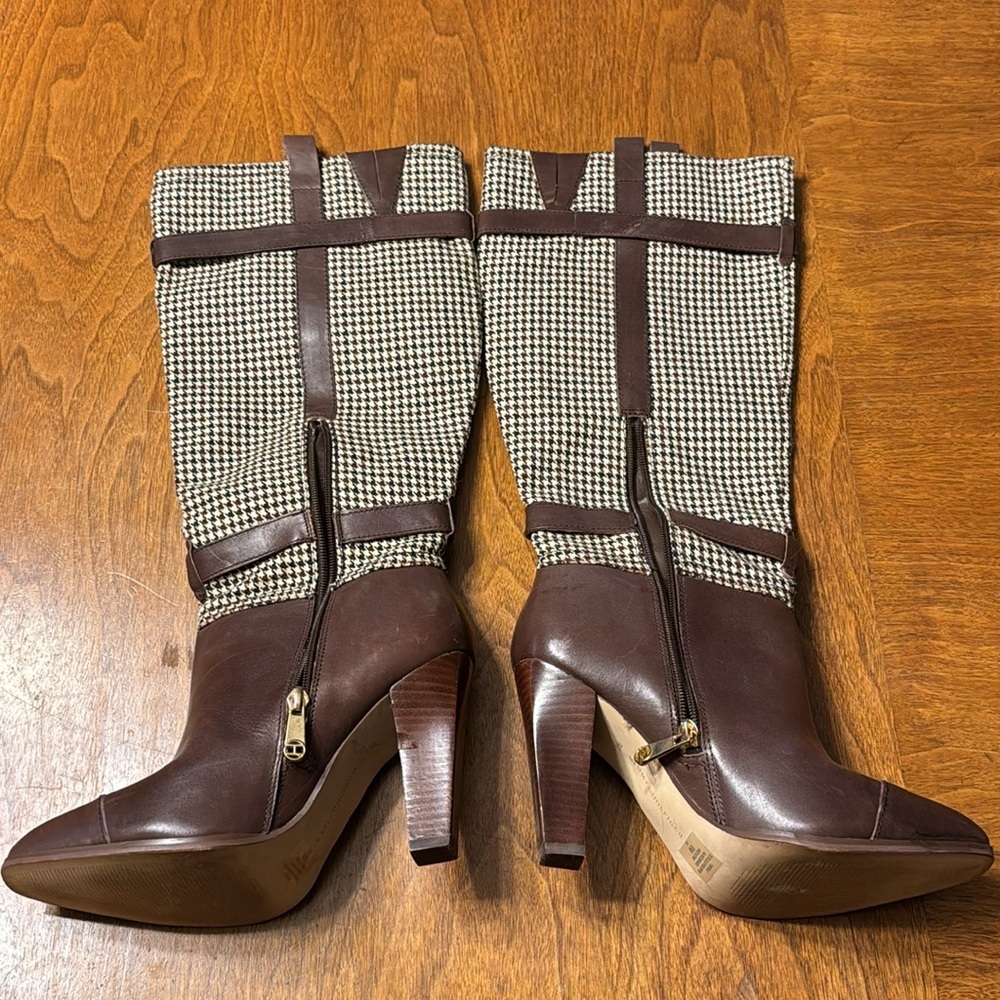 Tommy Hilfiger Frita Brown Leather Houndstooth High Block Heels Tall Boots 8 - Picture 7 of 15